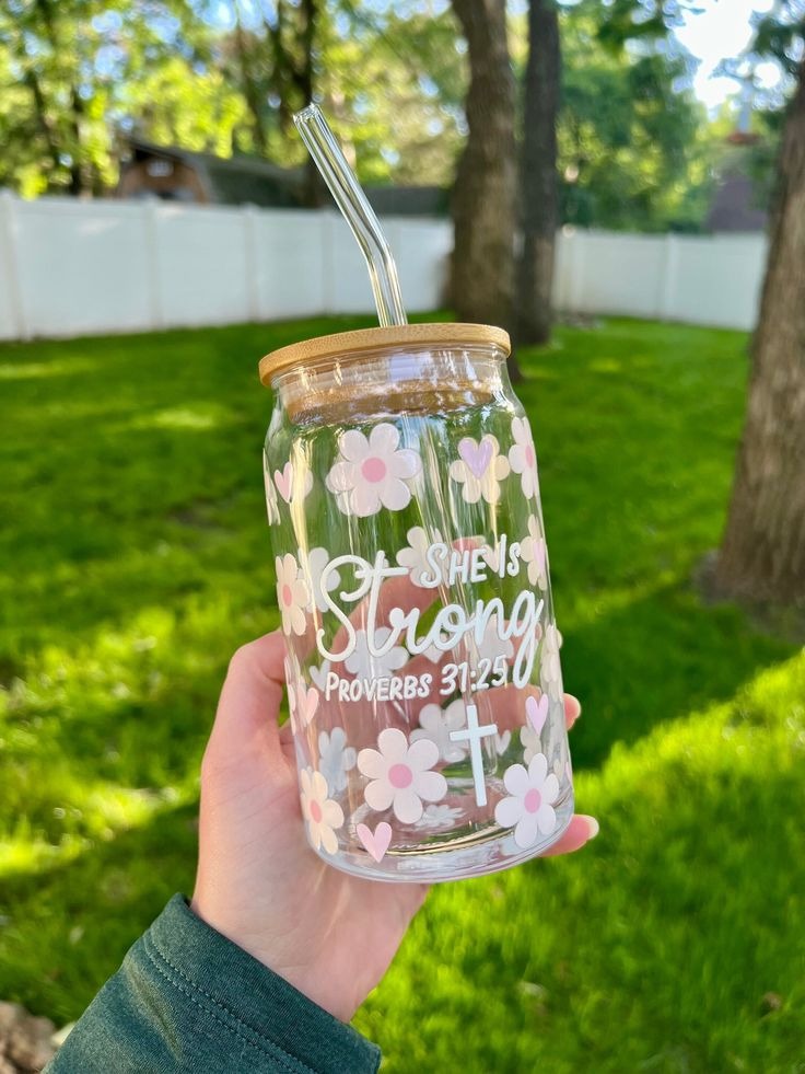 Christian Glass Can Cup with Lid, She Is Strong Proverbs 31:25 Bible Verse, Flower & Heart Design, Scripture Gift for Women GCLAF28